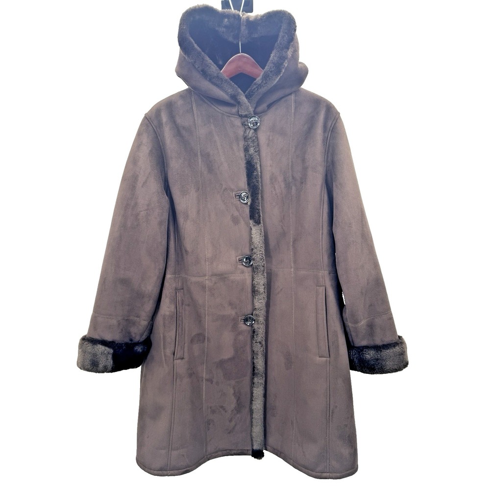 Vintage Penny Lane 1X Brown Coat Faux Suede Fur Trim Hooded Mid-Length Cozy Warm